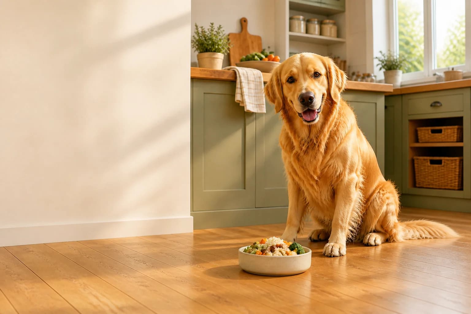 Chien devant sa ration ménagère fraîchement préparée